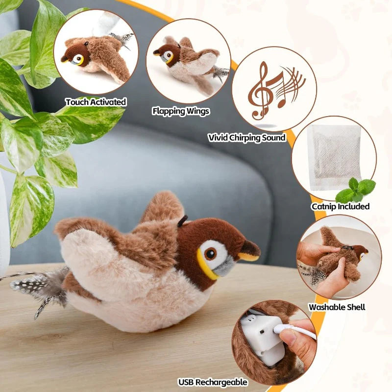 Chirping Bird Cat Toy – Interactive Flapping Plush with Realistic Sounds