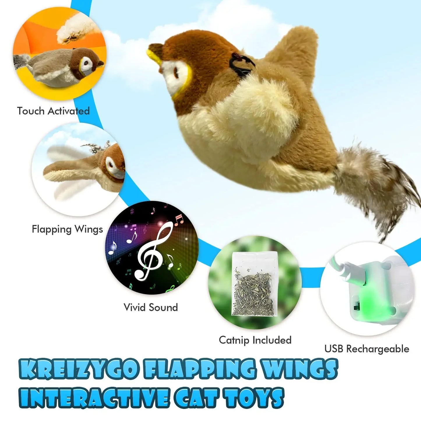 Chirping Bird Cat Toy – Interactive Flapping Plush with Realistic Sounds